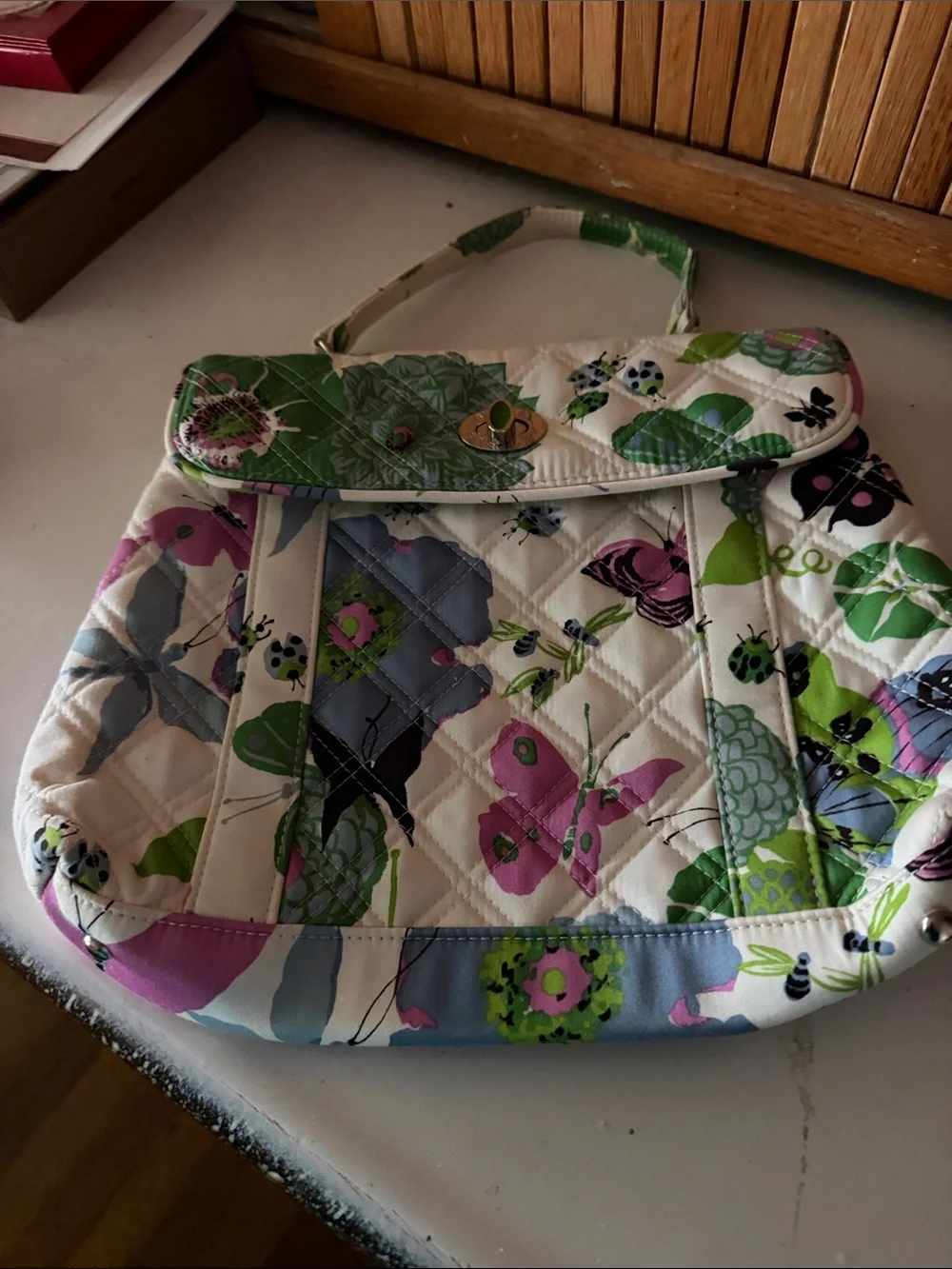 Vera Bradley Quilted Floral Tote in White, Green & Pink